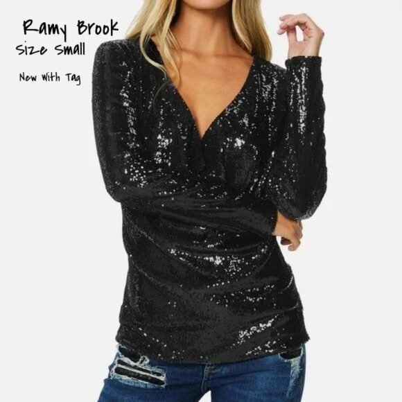 Ramy Brook Black Sequin Cowl Neck Top Nicole Size Small - New with Tags - Picture 1 of 7